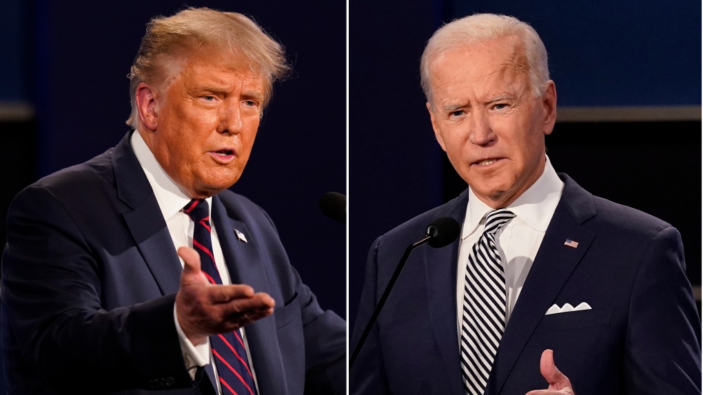 FILE - This combination of Sept. 29, 2020, file photos shows President Donald Trump, left, and former Vice President Joe Biden during the first presidential debate at Case Western University and Cleveland Clinic, in Cleveland, Ohio. Trump and Biden have starkly different visions for the international role of the United States — and the presidency. (AP Photo/Patrick Semansky, File)
