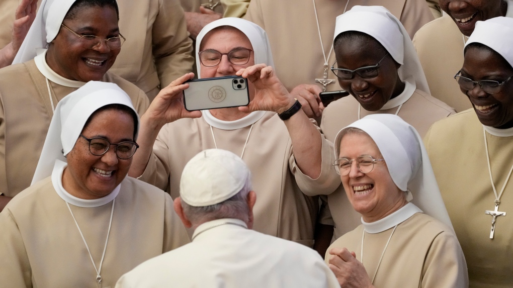 Pope Francis meets a group of nuns during his weekly general audience in the Pope Paul VI hall at the Vatican, Wednesday, Aug. 30, 2023. (AP Photo / Andrew Medichini)