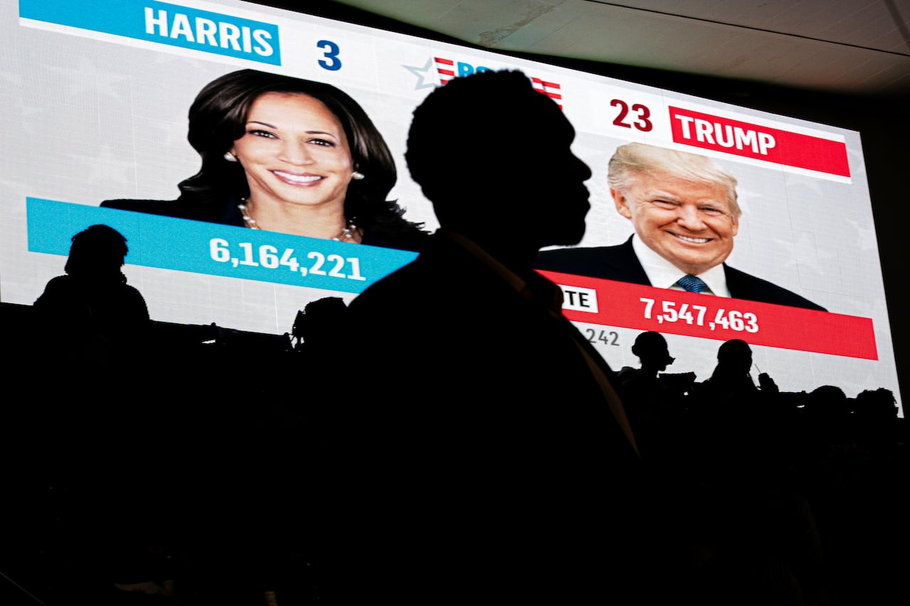 A person stands in front of a large TV screen showing election results.