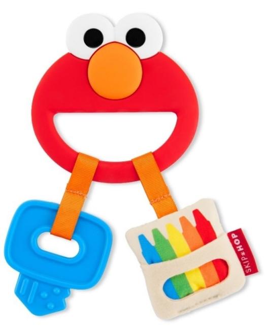 Elmo teether with blue key and multi-coloured crayon box