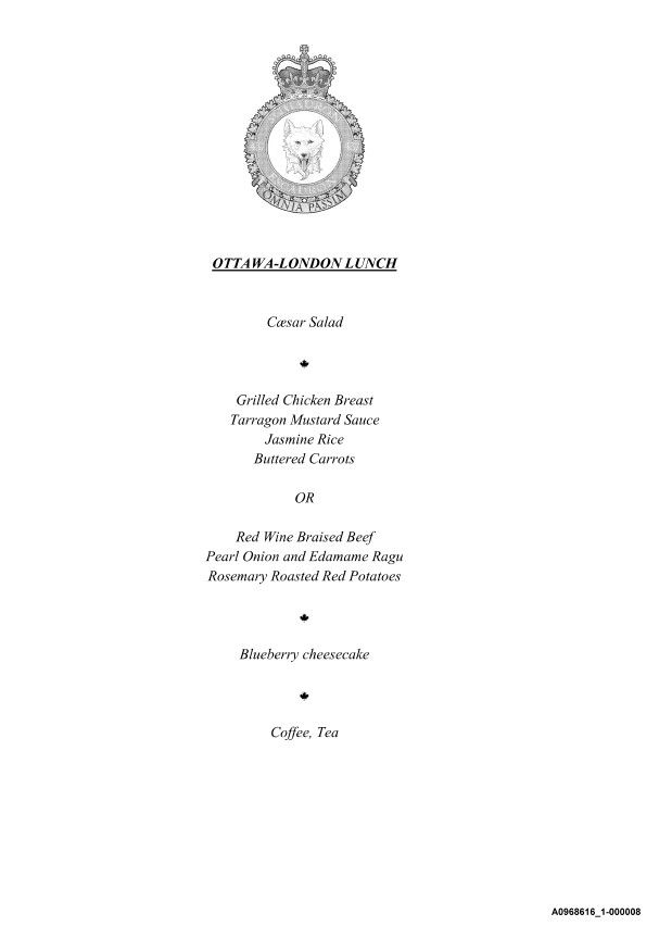 Menu printed on 437 Squadron letterhead for Prime Minister Mark Carney's March 2025 trip to the UK