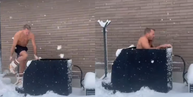 看着都冷！加拿大4月暴雪：肌肉大叔光膀子跳进了冰水池“锻炼”！ ... ...