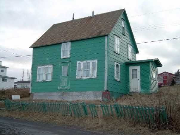 A green house with a front door that has no steps.