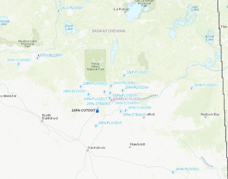 A map from the Saskatchewan Public Safety Agency showing the active flooding incidents in Saskatchewan on May 4 mid-morning.