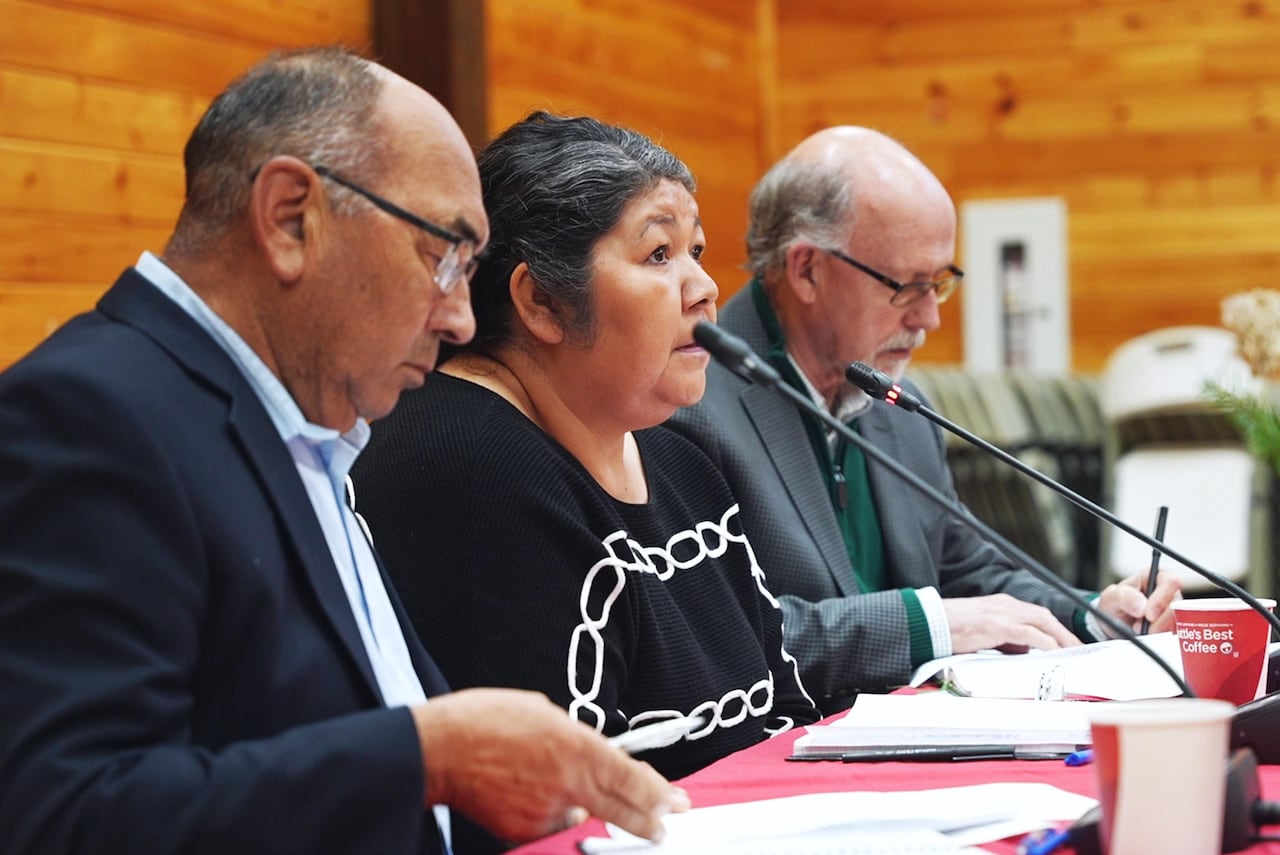 Three people sit at a table with microphones in front of them. 