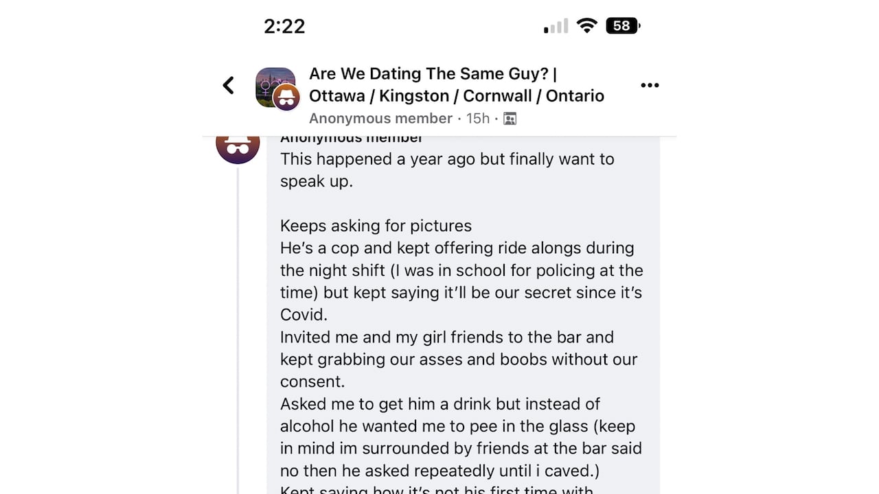 A close-up view of a social media message, which reads in part: 'He's a cop and kept offering ride alongs during the night shift (I was in school for policing at the time) but kept saying it'll be our secret since it's Covid.'