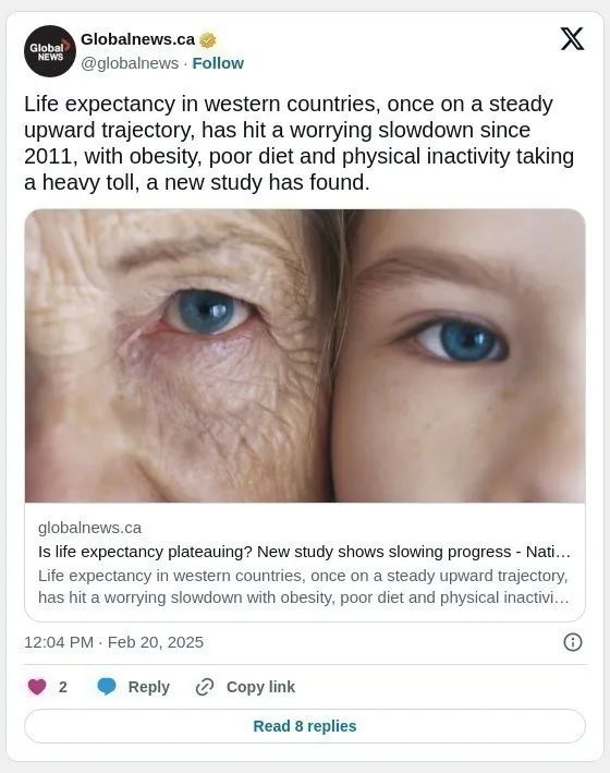 人类预期寿命放缓 加拿大人的两大死因