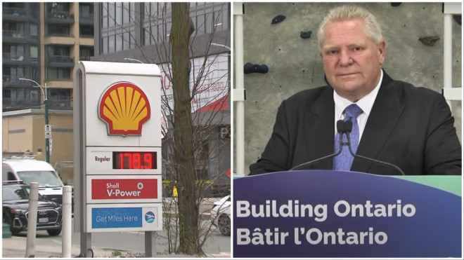 Doug Ford is shown speaking with reporters in Oakville on April 18.