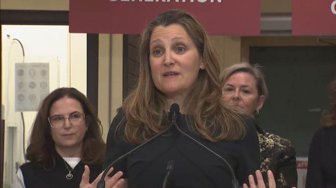 Finance Minister and Deputy Prime Minister Chrystia Freeland speaks at a pharmacy in her University-Rosedale riding in Toronto Saturday March 30, 2024. 