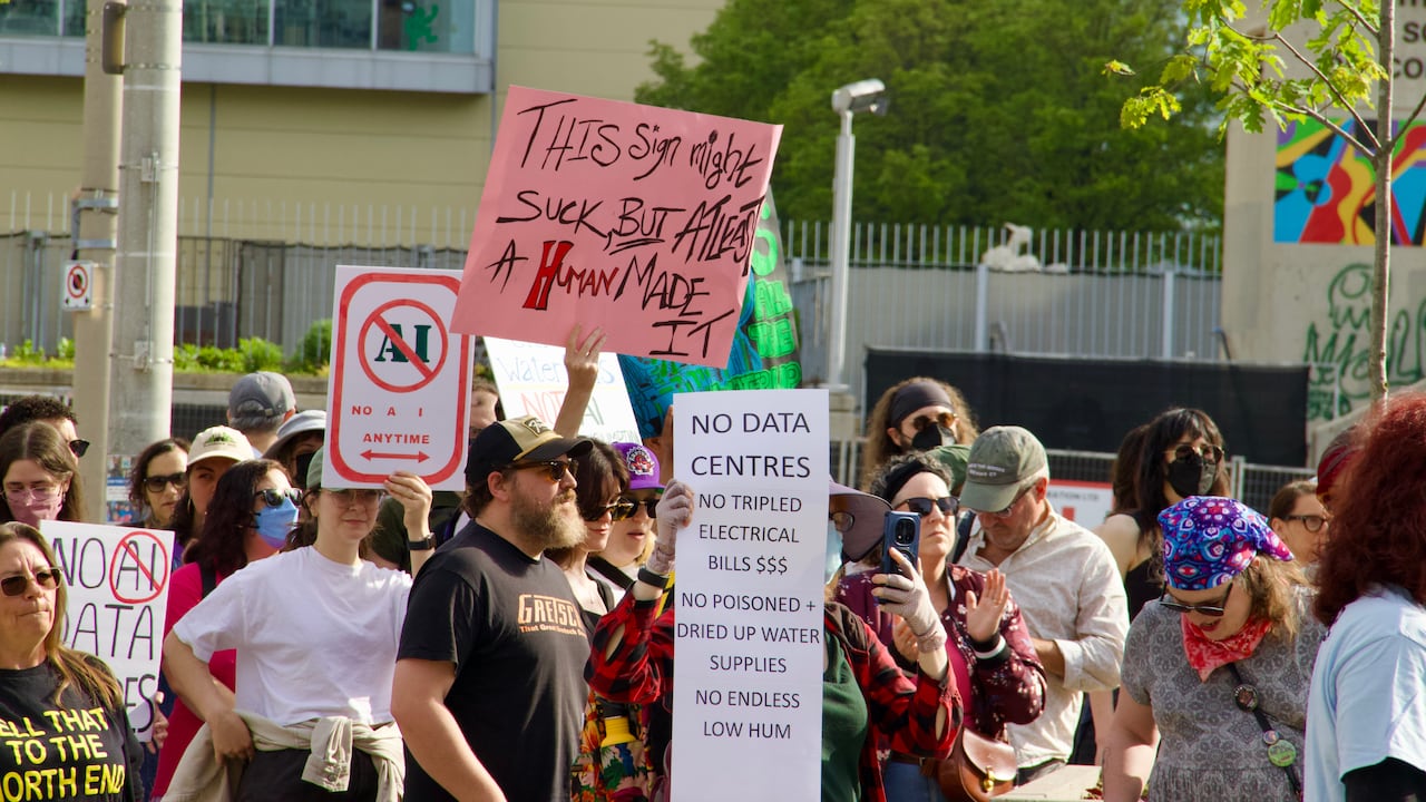 Hundreds of people gathered outside Hamilton's city hall in advance of Thursday's Committee of Adjustment hearing to let committee members know what they think about a possible AI data centre in Hamilton.