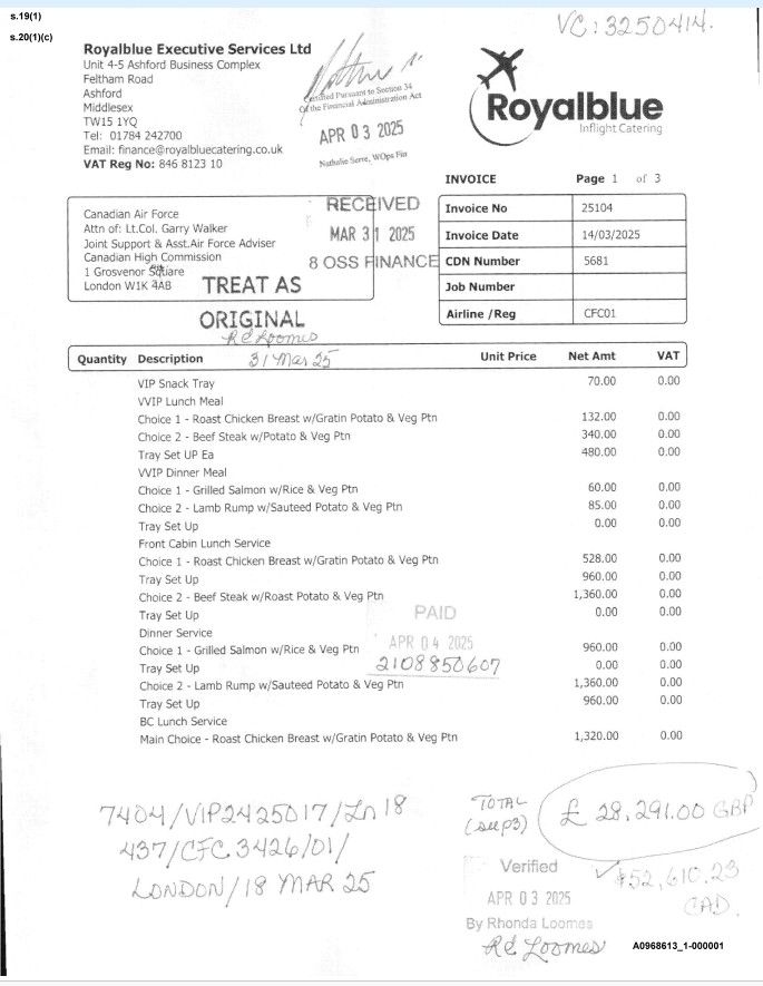 In-flight catering invoice for Prime Minister Mark Carney's March 2025 flight to London, provided by an access-to-information request