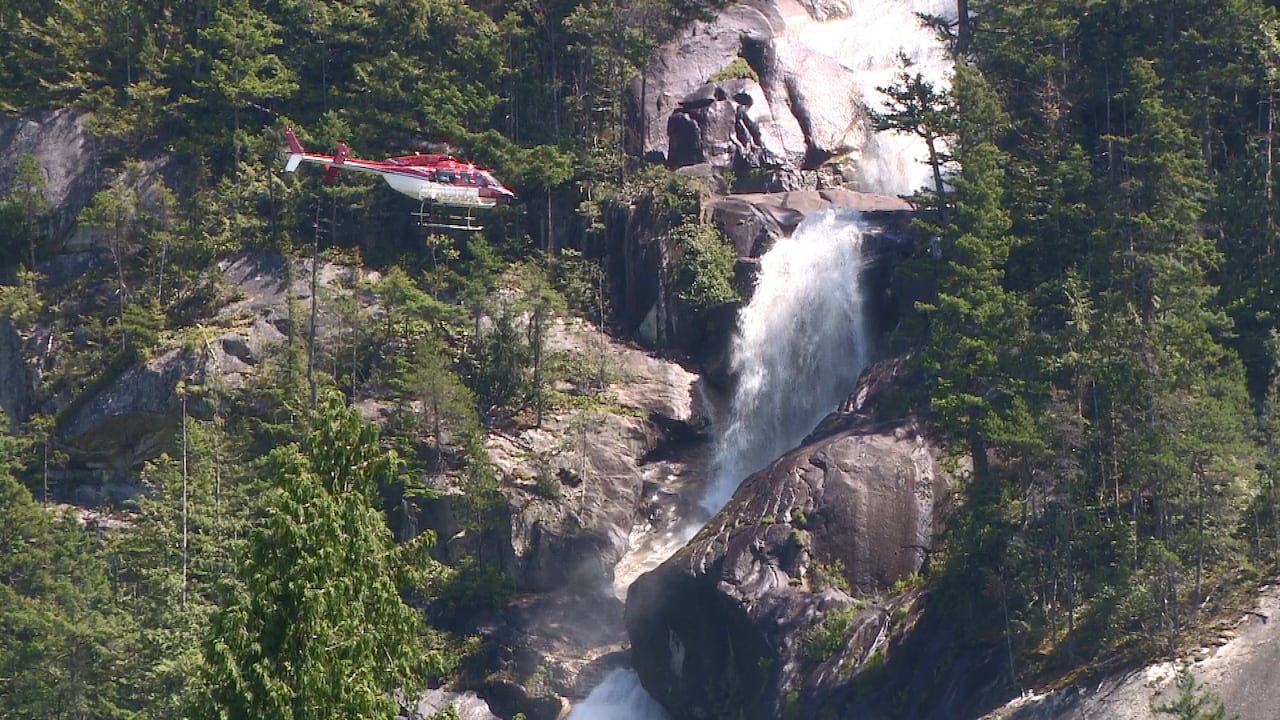 A helicopter flies in front of a waterfall.