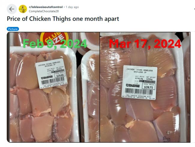 加拿大网友发现：同一盒鸡肉 几周内涨了这么多