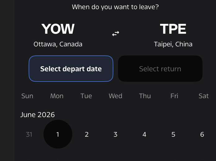 Screenshot of Air Canada's booking portal listing the Taiwanese capital of Taipei as being in China