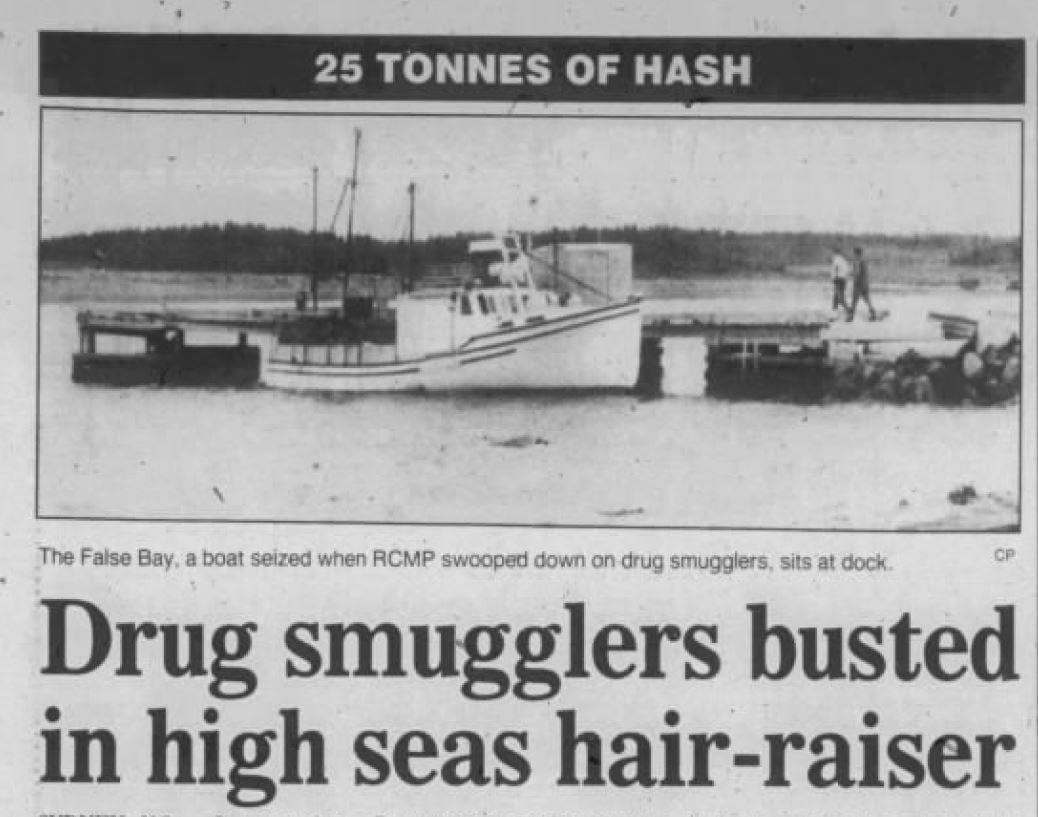 An archival newspaper article is shown that includes a photo of a fishing boat.