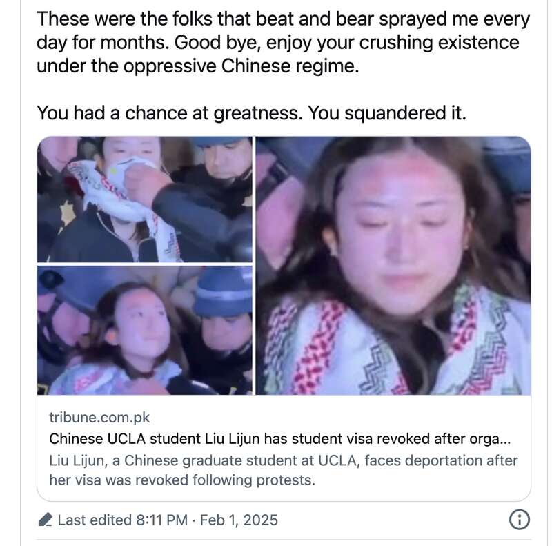 支持哈马斯集会 UCLA中国留学生刘丽军被吊销签证