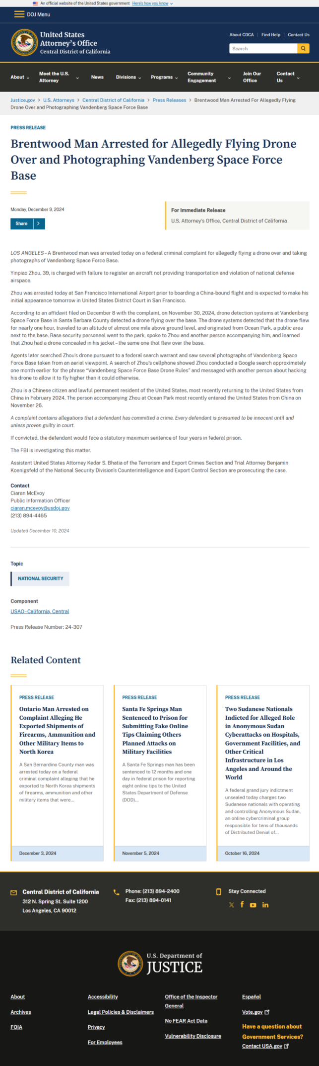 华男用无人机拍加州太空军基地被捕 绿卡或被吊销