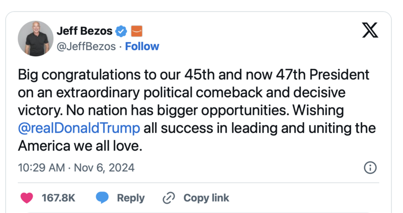 科技巨头掌门人纷纷祝贺特朗普胜选,他们还说了什么(图)