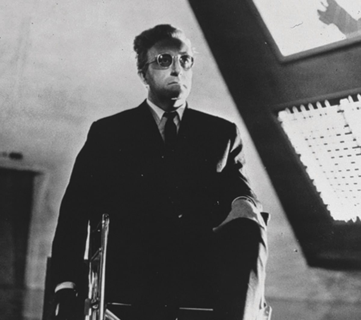 Peter Sellers as the title character in the 1964 satirical film Dr. Strangelove.