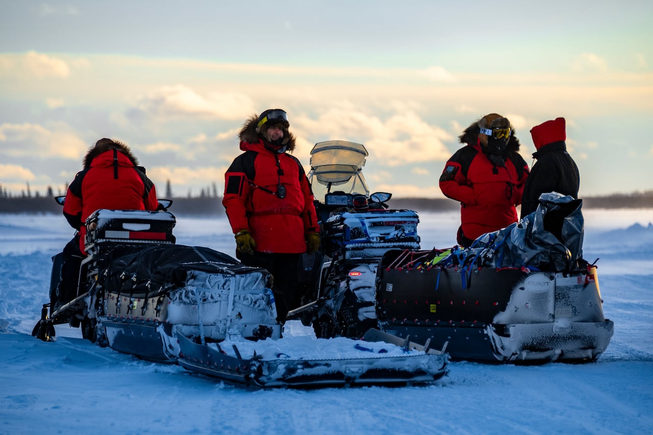 Members of 1st Canadian Ranger Patrol Group plan the next leg of a long-range patrol as part of Operation NANOOK-NUNALIVUT near Fort McPherson, Northwest Territories, 18 February, 2026.