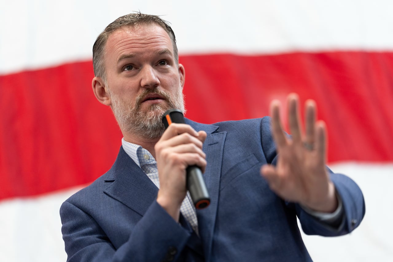 U.S. Trade Representative Jamieson Greer speaks with reporters during a tour of Atomic Industries' manufacturing facility Thursday, April 9, 2026, in Warren, Mich.