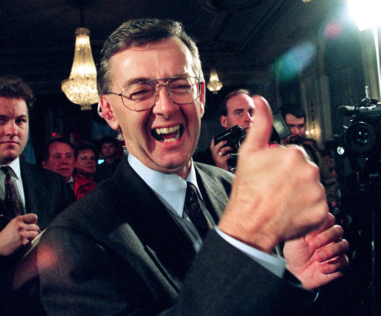 Reform Party Leader Preston Manning flashes a thumbs up sign after hearing more results on the constitutional question Monday, Oct. 26, 1992 in Calgary.