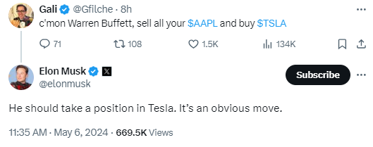 马斯克：巴菲特应该考虑投资特斯拉