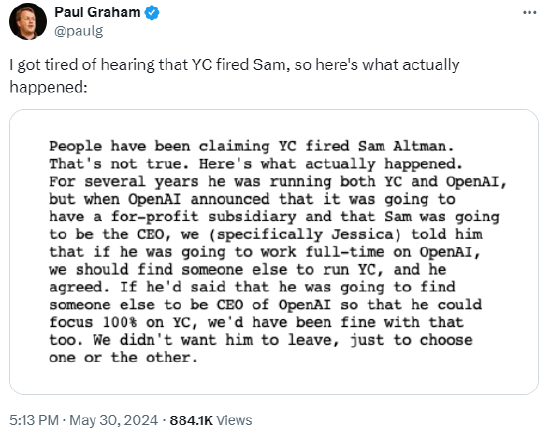 Y Combinator创始人：奥特曼当年不是被解雇的 他需要全职管理OpenAI ...