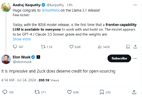 马斯克与扎克伯格终于对上眼了：AI大模型Llama 3.1开源值得赞扬 ...