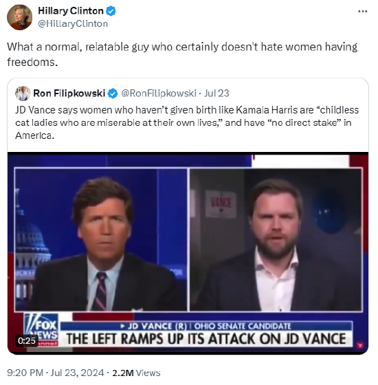 万斯以“无子女爱猫女士”攻击哈里斯 希拉里回呛：yes，and？ ...