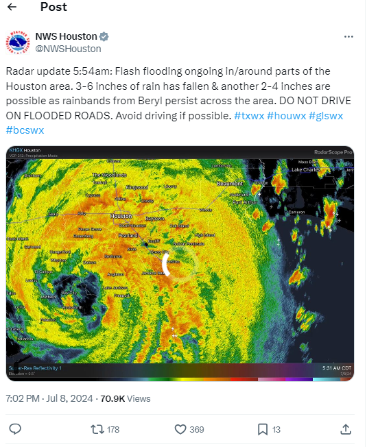 飓风Beryl导致德州十数万家庭和企业遭遇断电 当地油气设施面临中断 ...