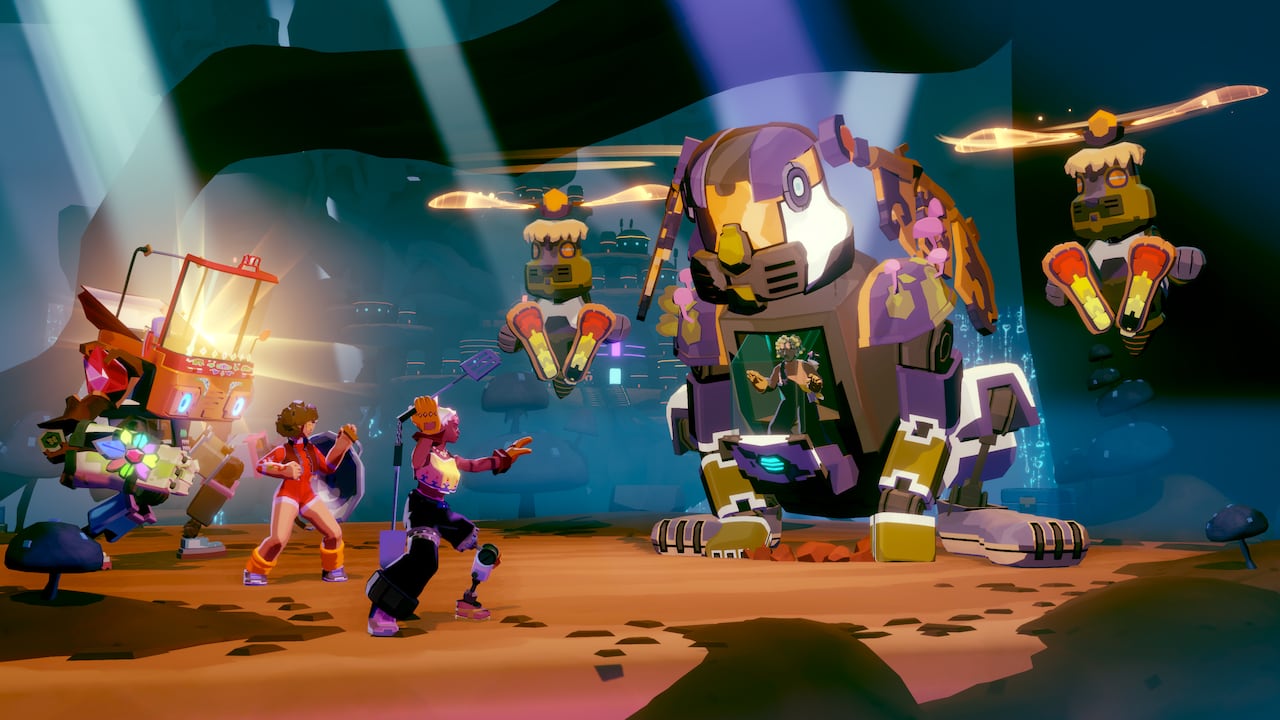 Video game screenshot of two women and a small robot facing off against a large rabbit-shaped robot.