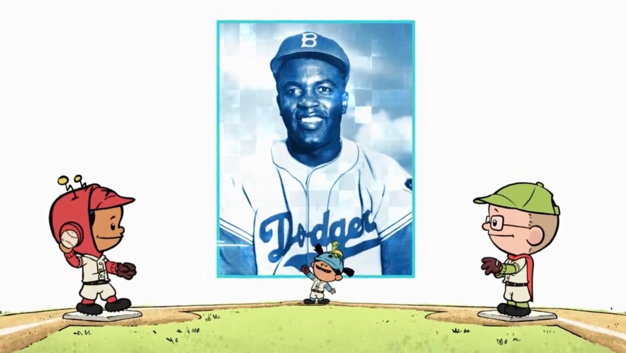Cartoon showing 2 kids and a portrait of Jackie Robinson.
