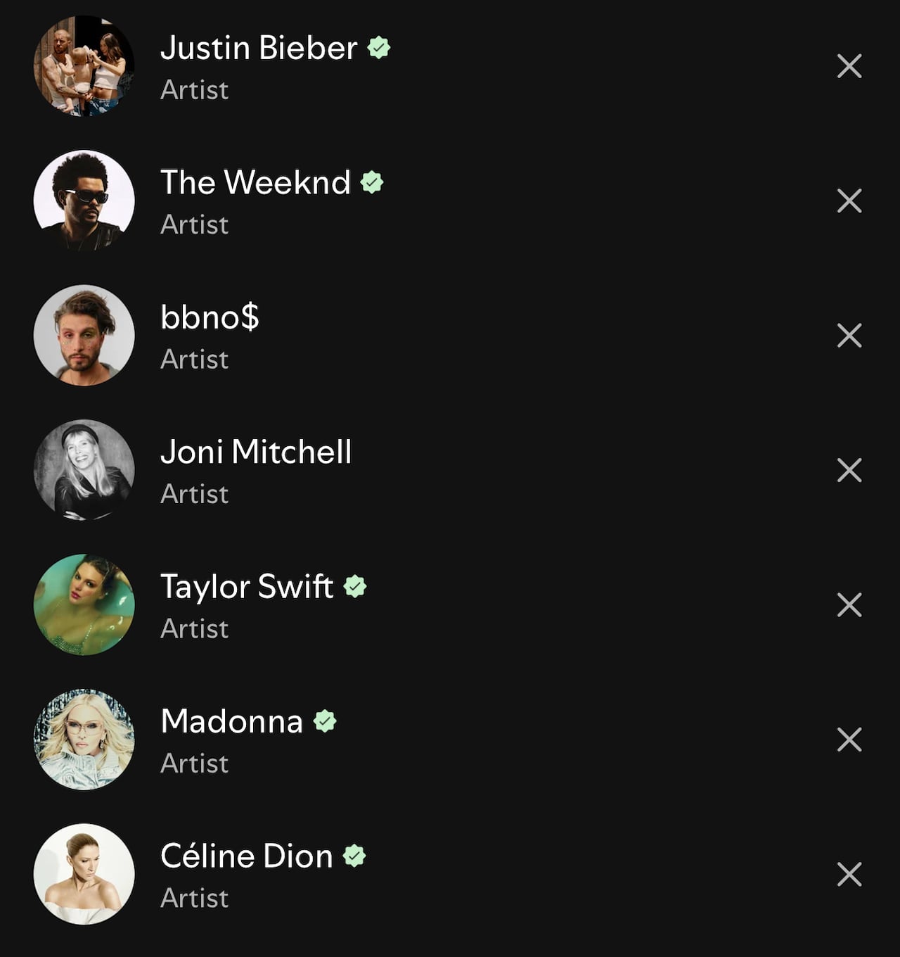 A screenshot from the music streaming app Spotify showing a list of names, some with a green check mark badge beside them and others without.