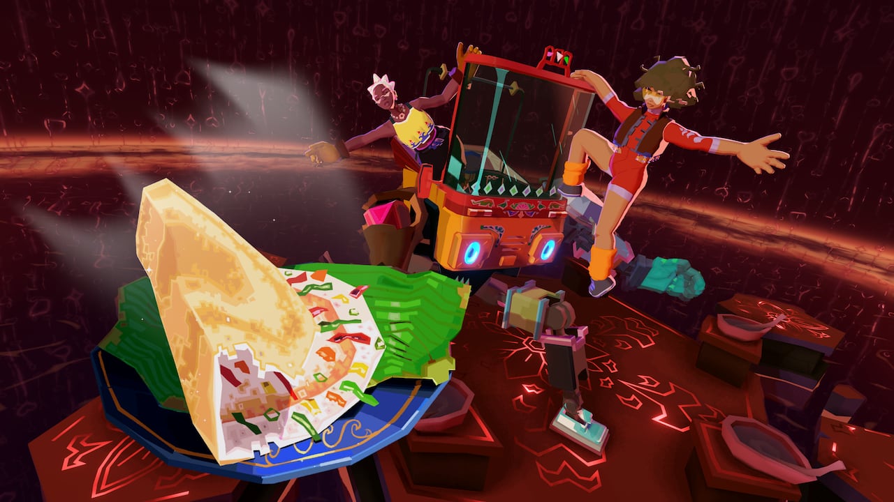 Video game screenshot of two women displaying a plate with a large dosa.