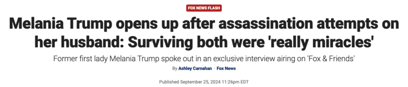 梅拉尼娅:“川普经历两次谋杀未遂幸存下来是奇迹”(图)