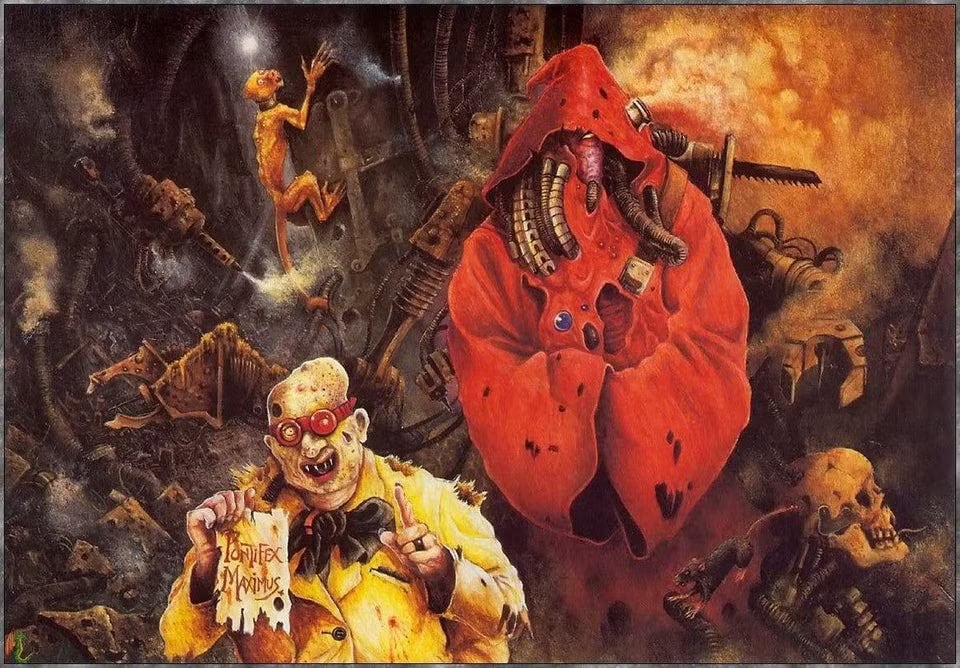 Artwork of a weird guy wearing a labcoat and a cravat holding a piece of paper that reads Pontifex Maximus. A guy in a red robe with wires coming out of where his face might be stands behind him.