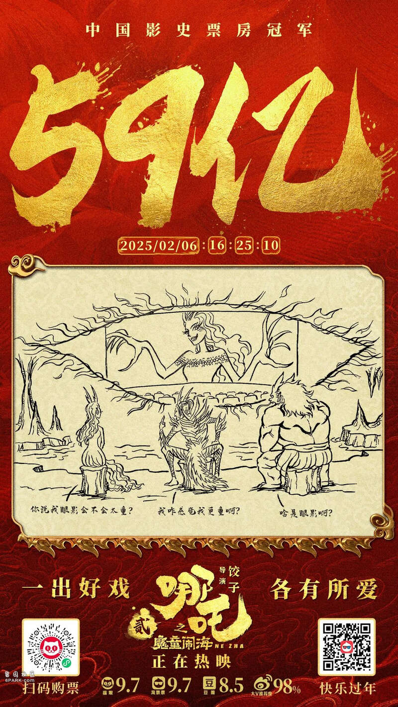 票房破100亿!《哪吒2》庆功海报,导演98张亲笔手绘(图)