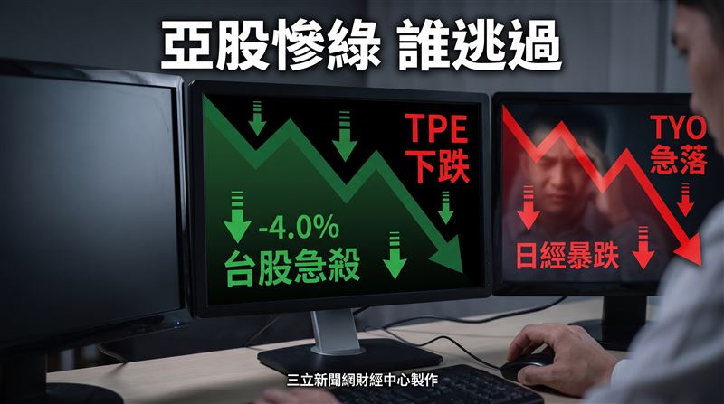 美国半导体股重挫引燃无情卖压，17日迅速蔓延至整个亚洲市场。 日本股市开盘后，AI与芯片相关个股遭到投资人大举获利了结，日经225指数盘中一度疯狂暴跌逾2600点，跌幅直逼4%，大盘不仅失守65000点关卡，技术性修正警报全面响起。 （图/AI制图）