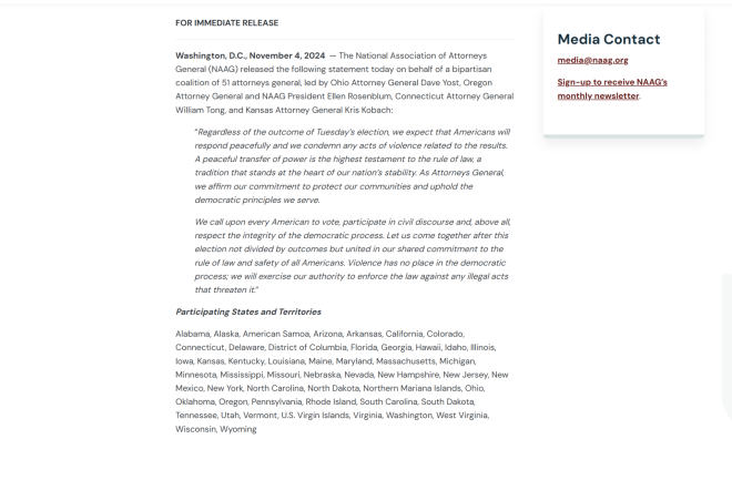 美国大选2024:47州总检察长呼吁“和平移交权力” (图)