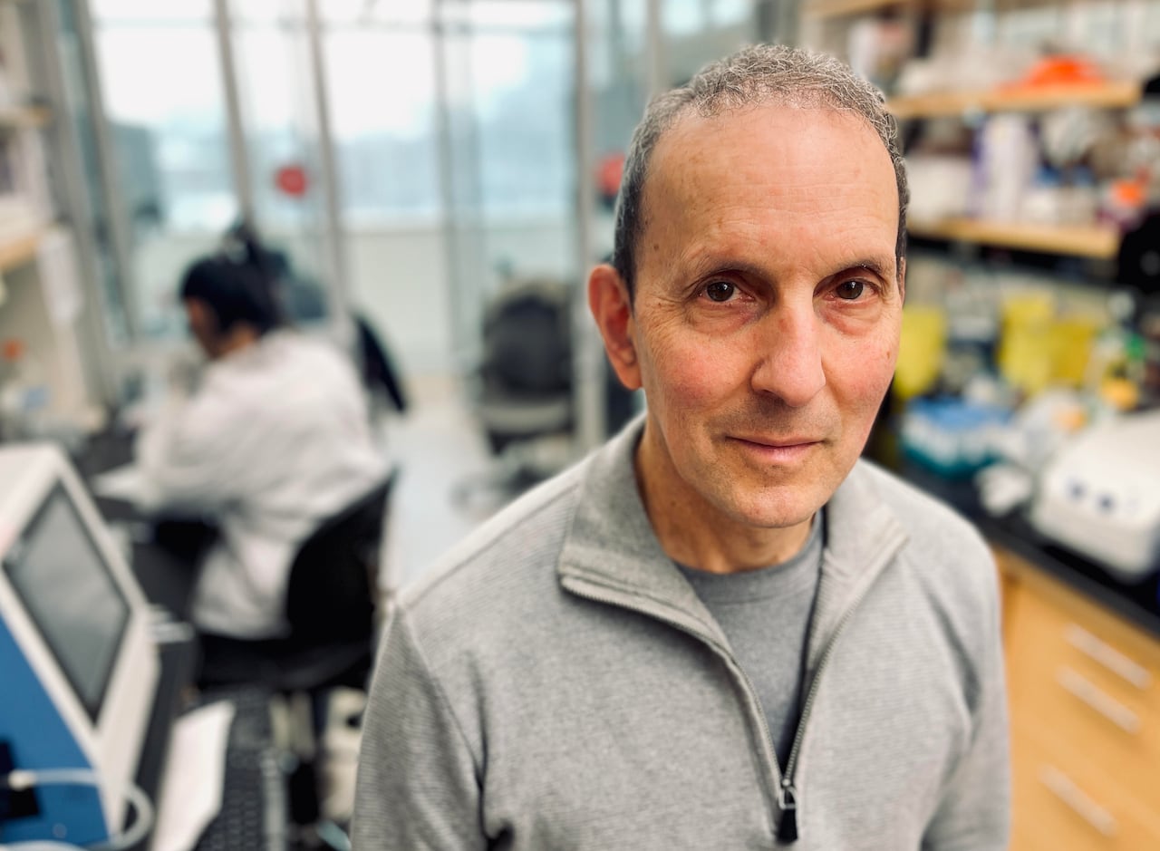 A man with grey hair standing in a lab wearing a grey sweater with lab workers in background out of focus. 