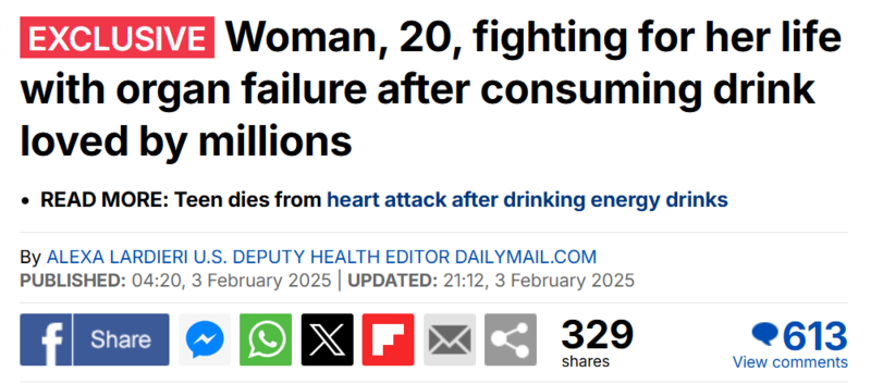 20岁女子健身时喝几口能量饮料 当场倒地生命垂危