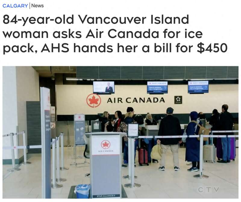 加拿大84岁老人机场索要冰袋 随后收到$450账单(图)