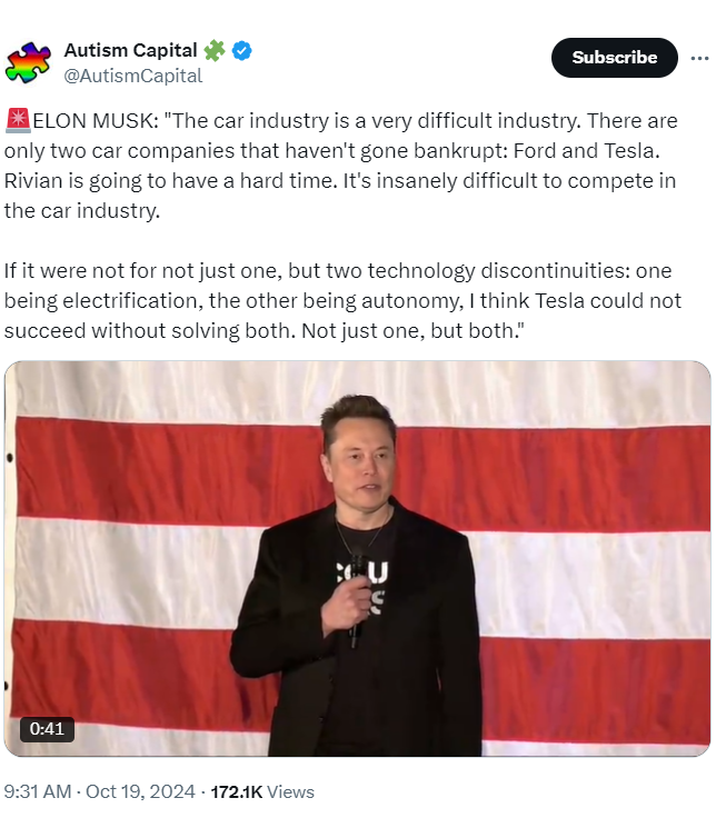 马斯克:美国汽车业很困难,只剩福特和特斯拉没破产(图)