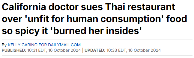“不适合人类食用”加州医生称吃泰餐遭化学灼伤(图)
