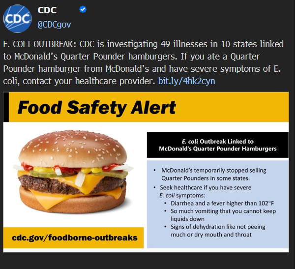 美国麦当劳发生大肠杆菌感染事故 股价一度大跌10%(图)