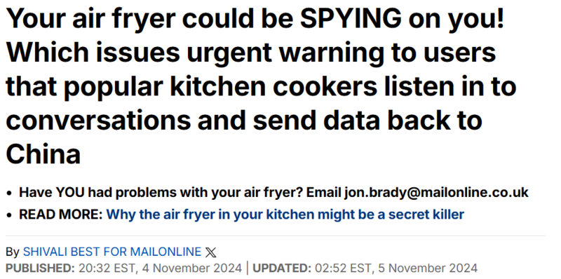 中国空气炸锅监视用户 外国专家警告?网友评论亮了(图)