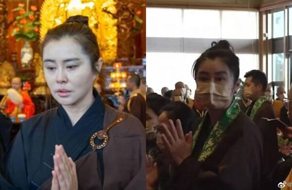  2022年王祖賢全素顏穿著海青參加法會，即使與年輕時顏值確實有差，但仍不失清秀。（微博圖片）