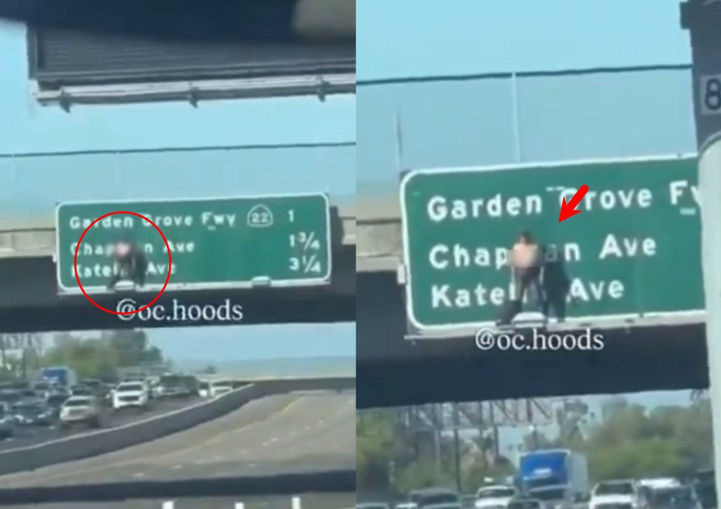 美國一名女子爬上高速公路指示牌，當場露出上半身，警方立即封閉道路進行救援。（翻攝X @ExxAlerts）