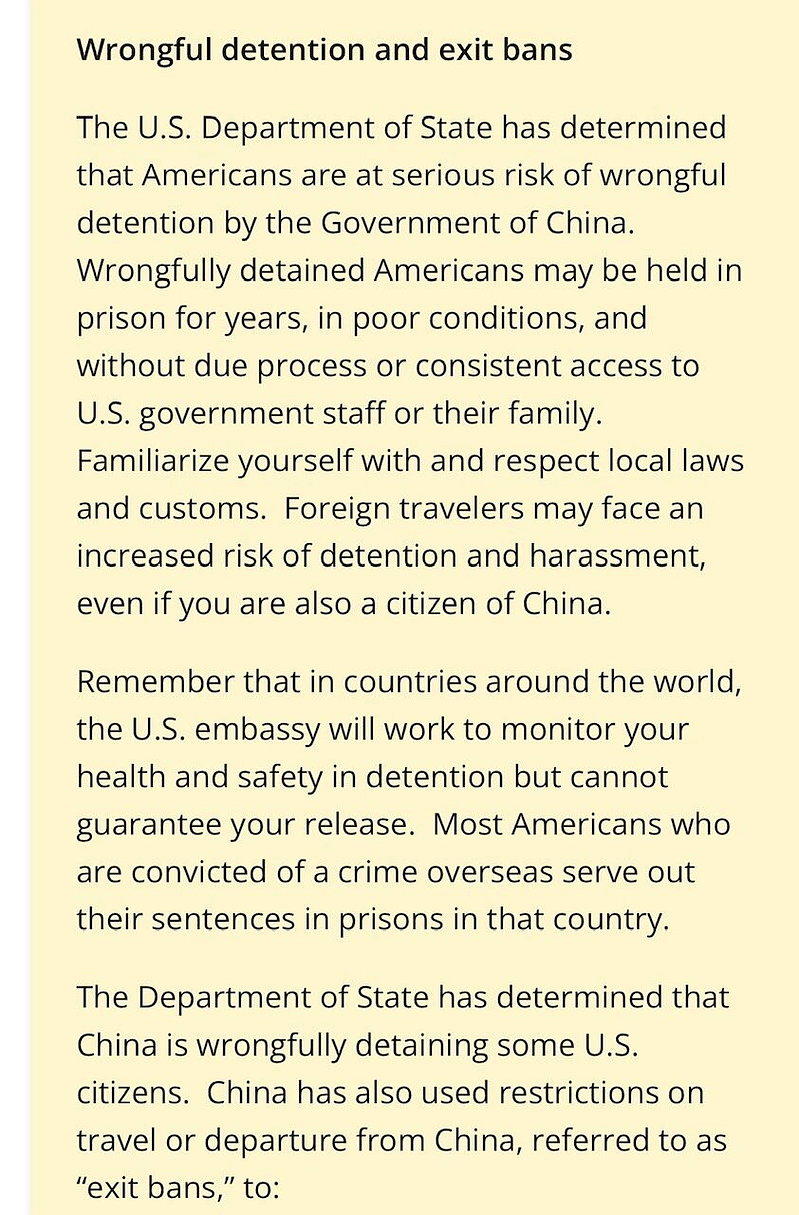 美国国务院19日更新对中国的旅游警示，重新加入代表「不当拘留」(Wrongful...